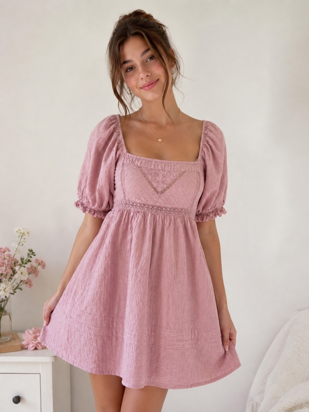 Urban Outfitters Mauve Pink Square-Neck Puff Sleeve Babydoll Mini Dress